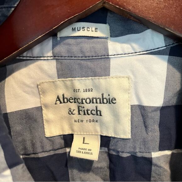Abercrombie & Fitch Buffalo Plaid Button Down Muscle Shirt Navy Mens Lrg Preppy - Picture 5 of 9